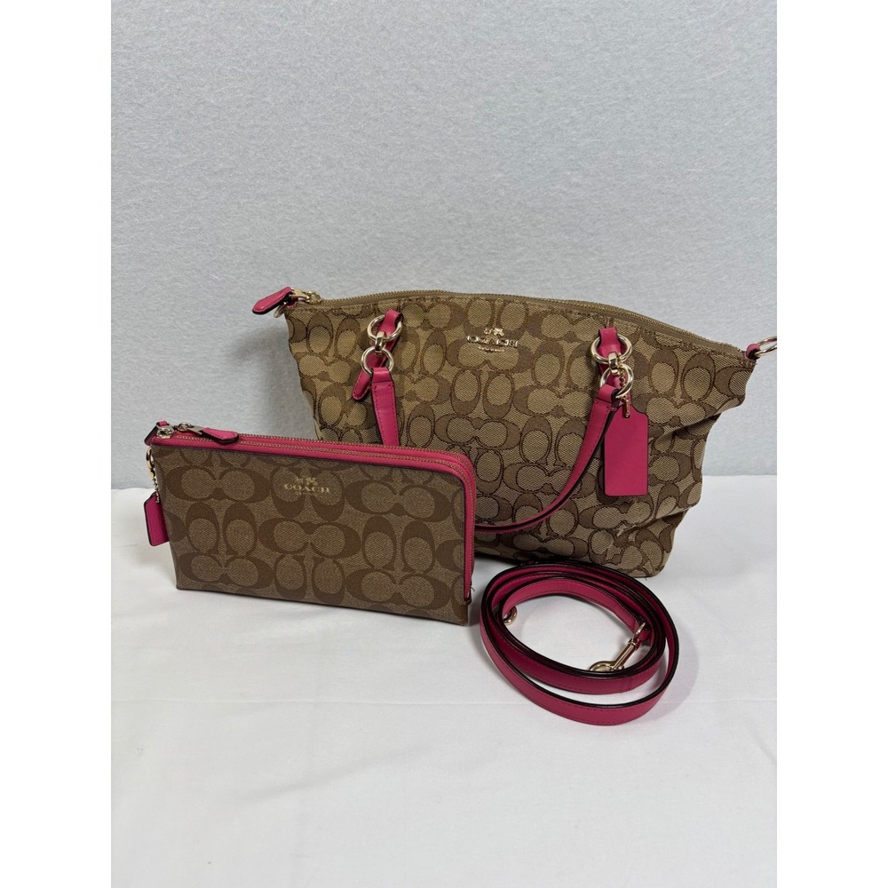 Coach Satchel Bag Wallet Set Womens Khaki Pink Canvas Leather Chic Crossbody Set